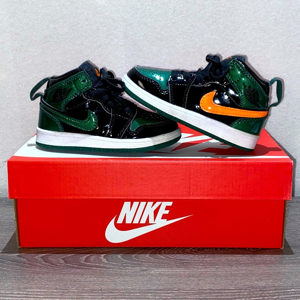 NIKE AIR JORDAN 1 Retro Black Green Orange Patent Leather Shoes Toddler Sz 7.5C